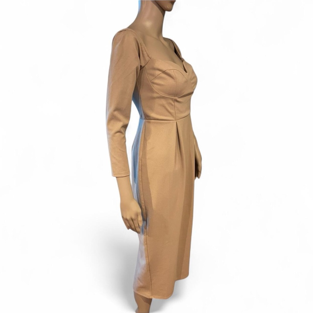 NWT ASOS Camel Beige Bardot 3/4 Sleeve High-Waist Midi Dress Size 6 - Picture 3 of 6